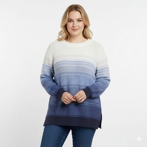 Penningtons White Blue Ombre 100% Cotton Knit Long Sleeve Crew Sweater Size 0X